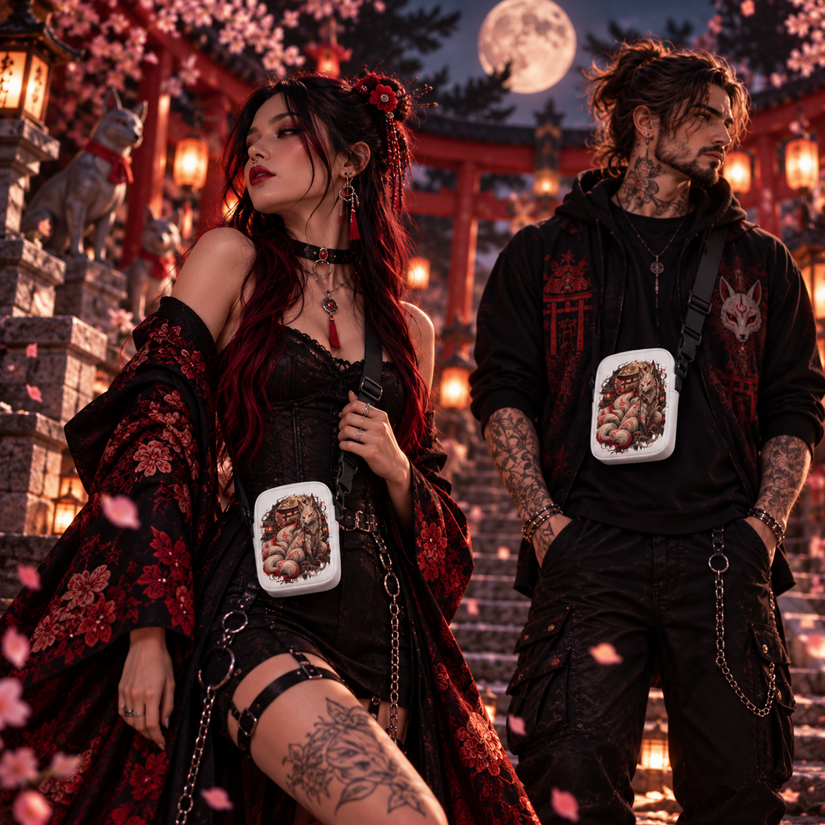 Weiße Kitsune – Wächter des Mondtors Crossbody Bag – Tragebild