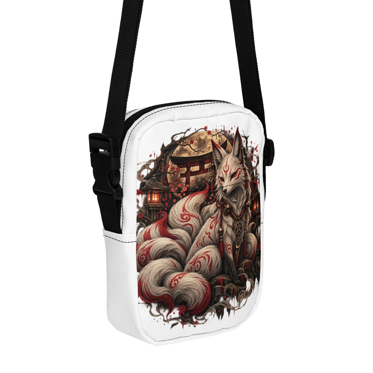 Weiße Kitsune – Wächter des Mondtors Crossbody Bag – Vorderansicht