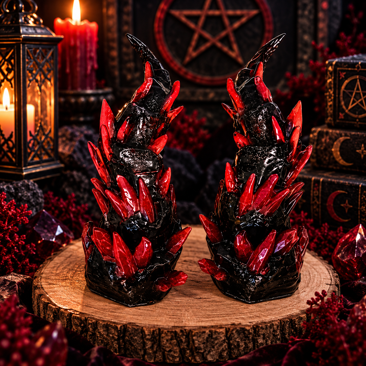 Kravex schwarz-rote Kristallhörner aus Resin vor dunkler gothic Fantasy-Kulisse