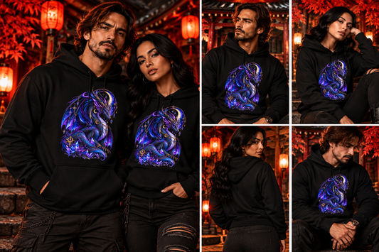 Kristall Drache Hoodie – Tragebild Mann und Frau, japanischer Dark-Fantasy-Stil
