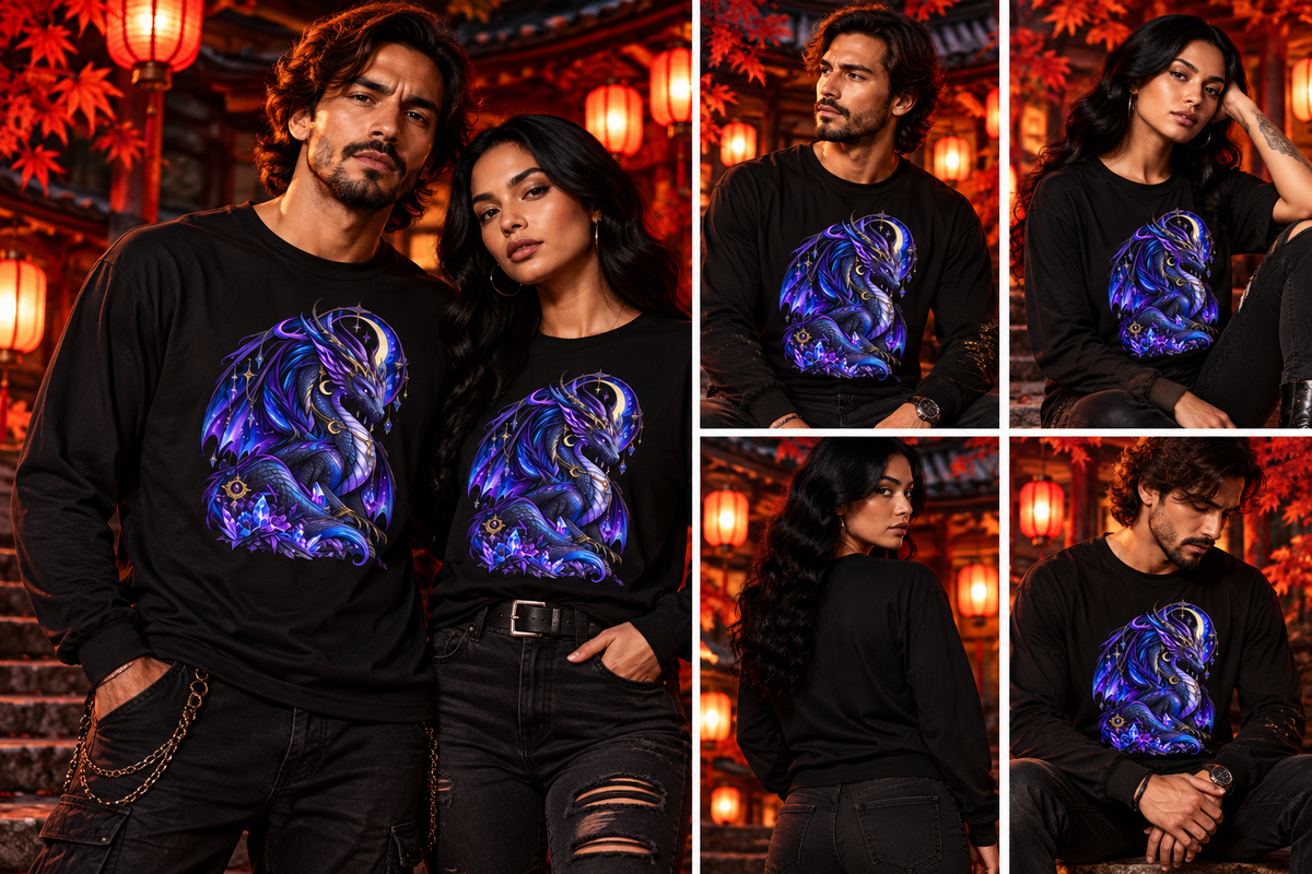 Kristall Drache Long Sleeve – Tragebild Mann und Frau, japanischer Dark-Fantasy-Stil