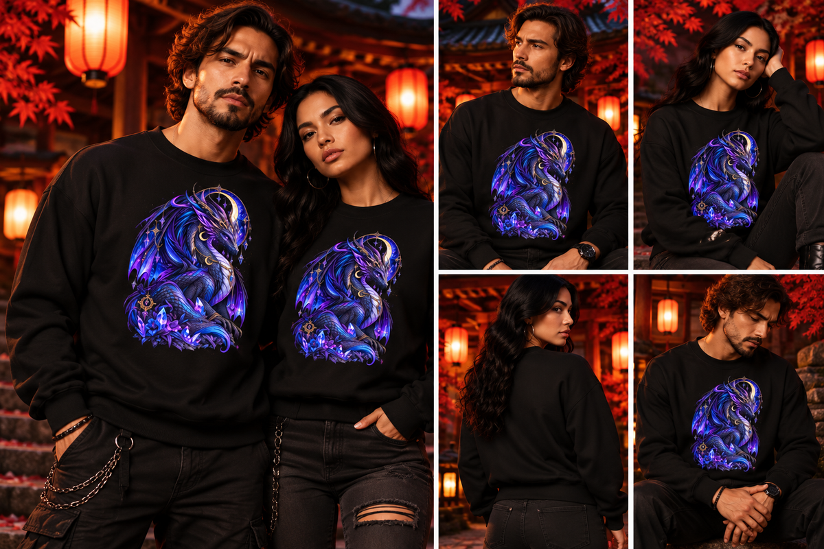 Kristall Drache Sweatshirt – Mann und Frau im japanischen Dark-Fantasy-Stil