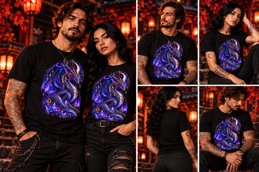 Kristall Drache T-Shirt – Mann und Frau tragen das schwarze Shirt im Dark-Fantasy-Stil