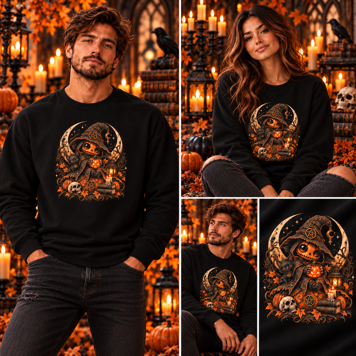 Kürbishexe Halloween Longsleeve – Tragebild mit Mann und Frau