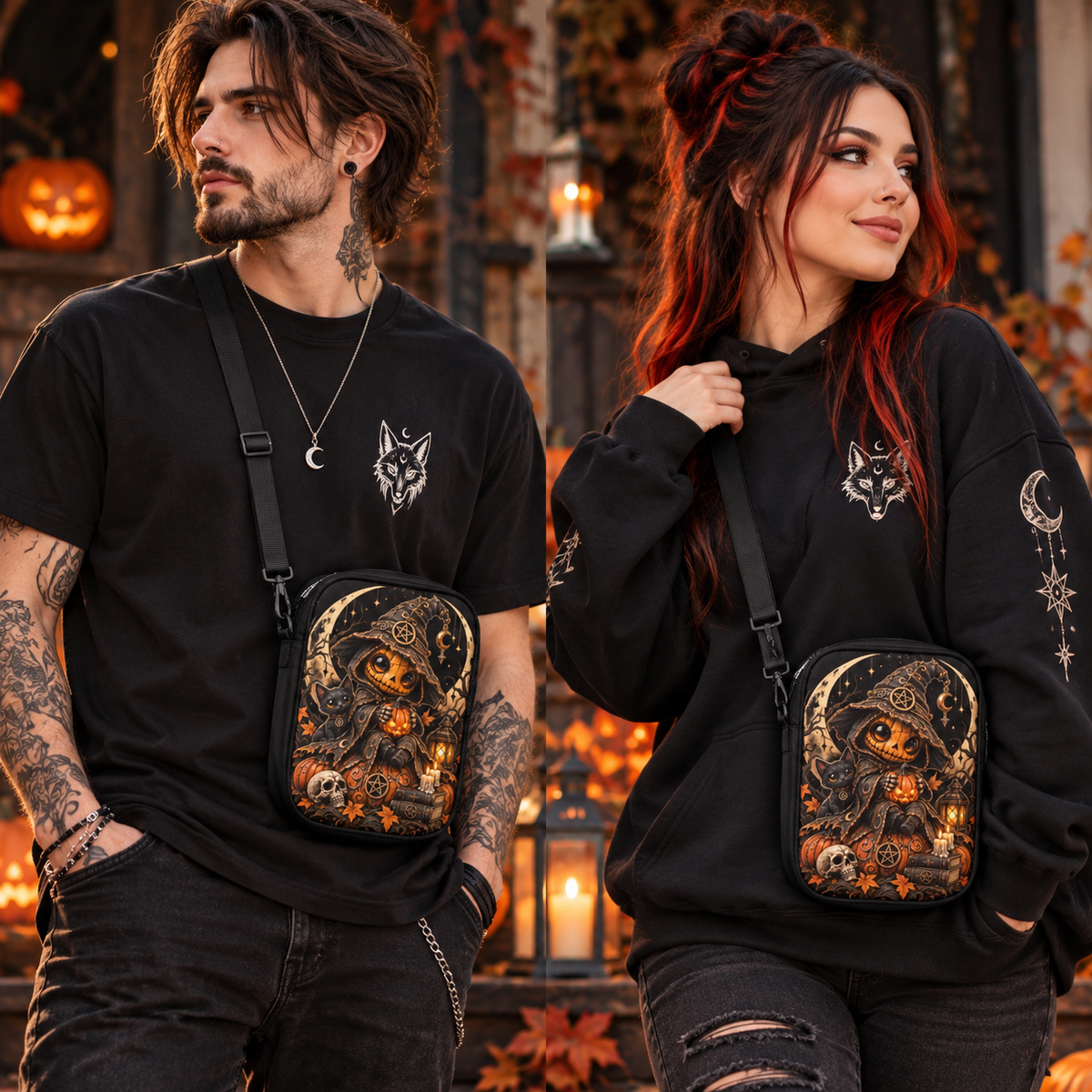 Schwarze Kürbishexe Crossbody Bag – Tragebild