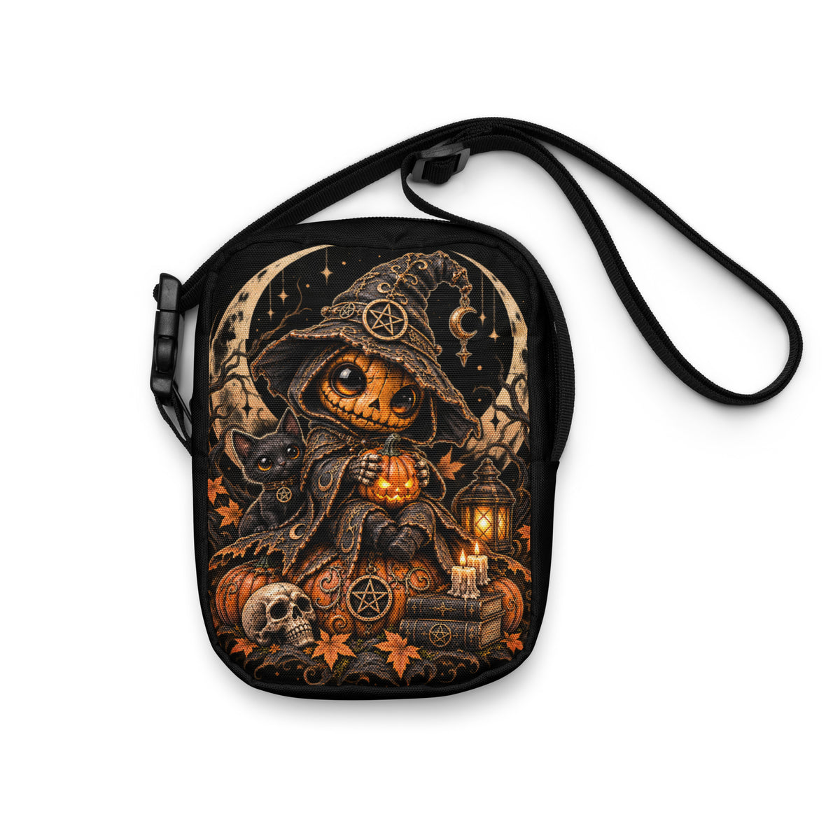 Schwarze Kürbishexe Crossbody Bag – Vorderansicht