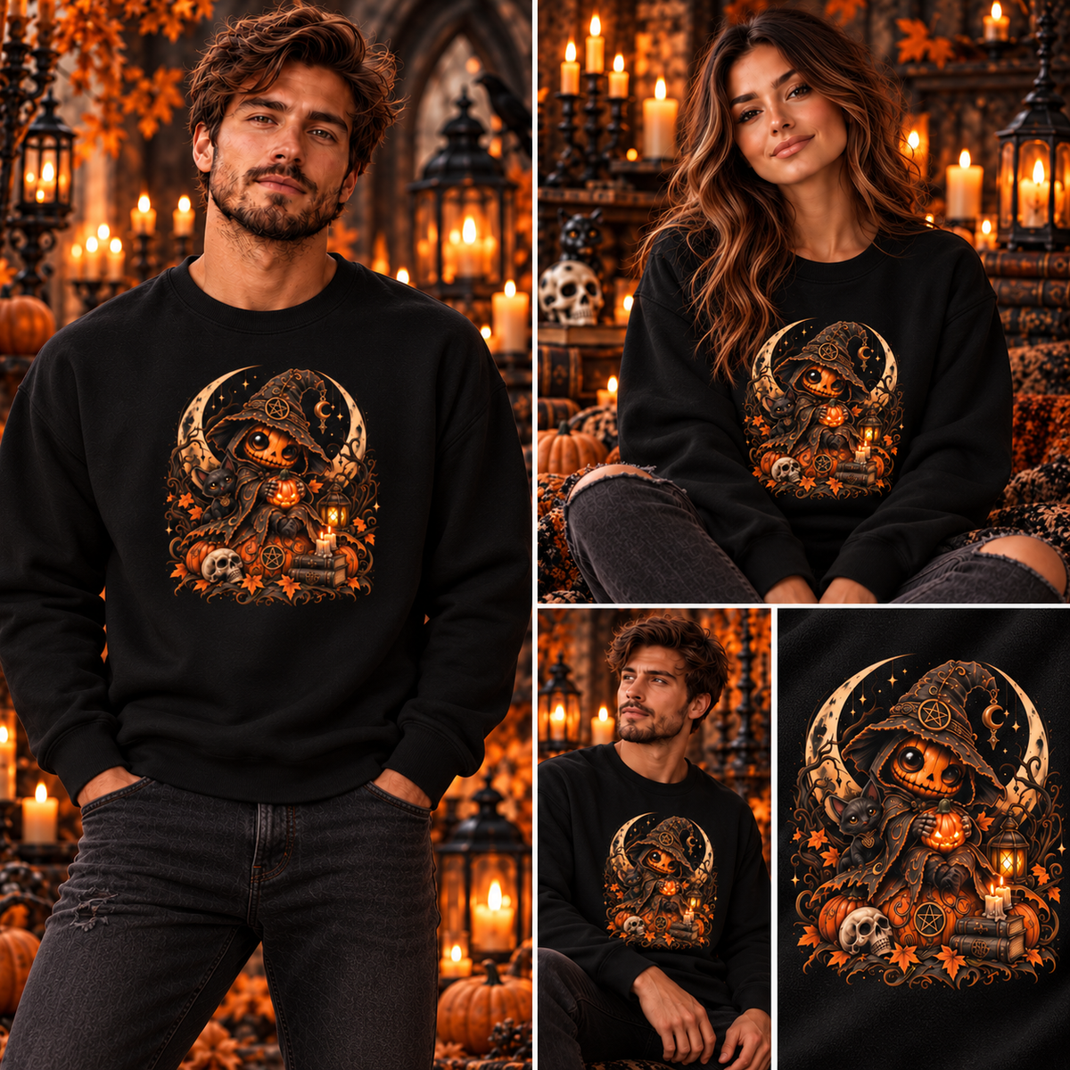 Kürbishexe Halloween Sweatshirt – Tragebild mit Mann und Frau