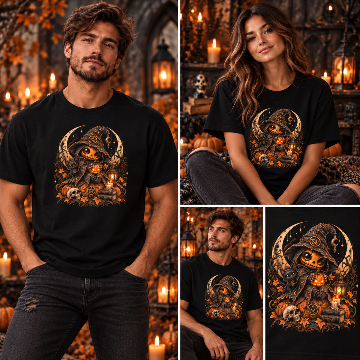 Kürbishexe Halloween T-Shirt – Tragebild mit Mann, Frau und Motivdetail