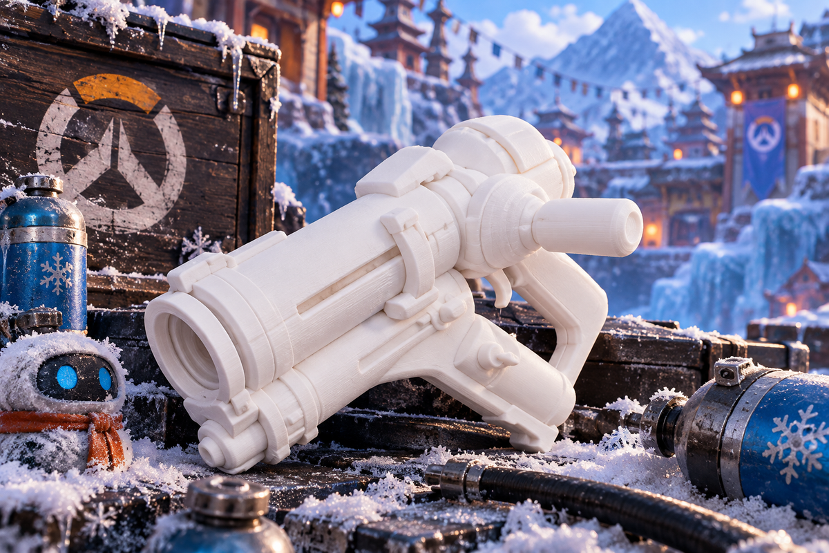Mei Blaster Overwatch Cosplay-Replik aus weißem PLA vor eisiger futuristischer Bergkulisse