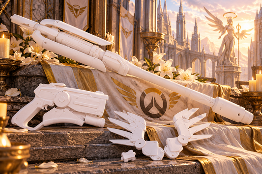 Mercy Cosplay-Set mit Pistole, Stab und Flügelhalter aus weißem PLA vor heller futuristischer Kathedralenkulisse