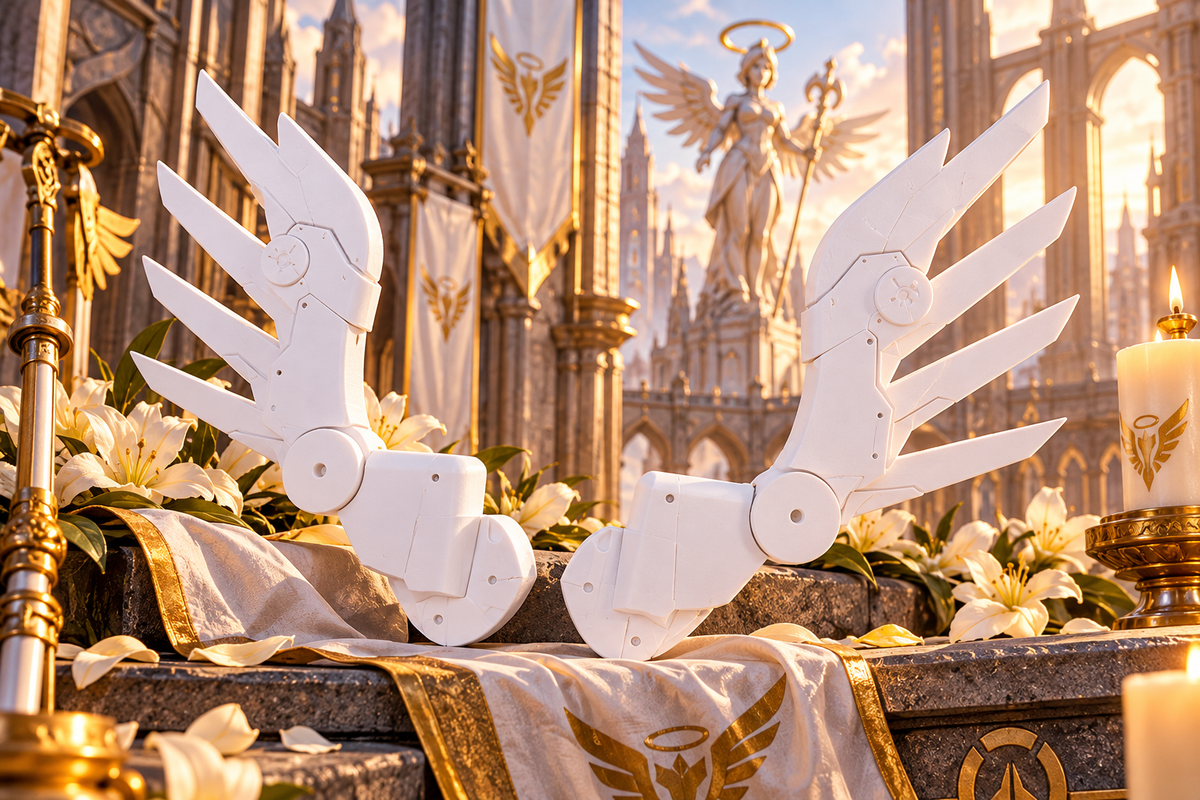 Mercy Flügel-Halterung Overwatch Cosplay-Zubehör aus weißem PLA vor heller futuristischer Kathedralenkulisse