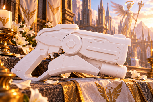 Mercy Pistole Overwatch Cosplay-Replik aus weißem PLA vor heller futuristischer Kathedralenkulisse