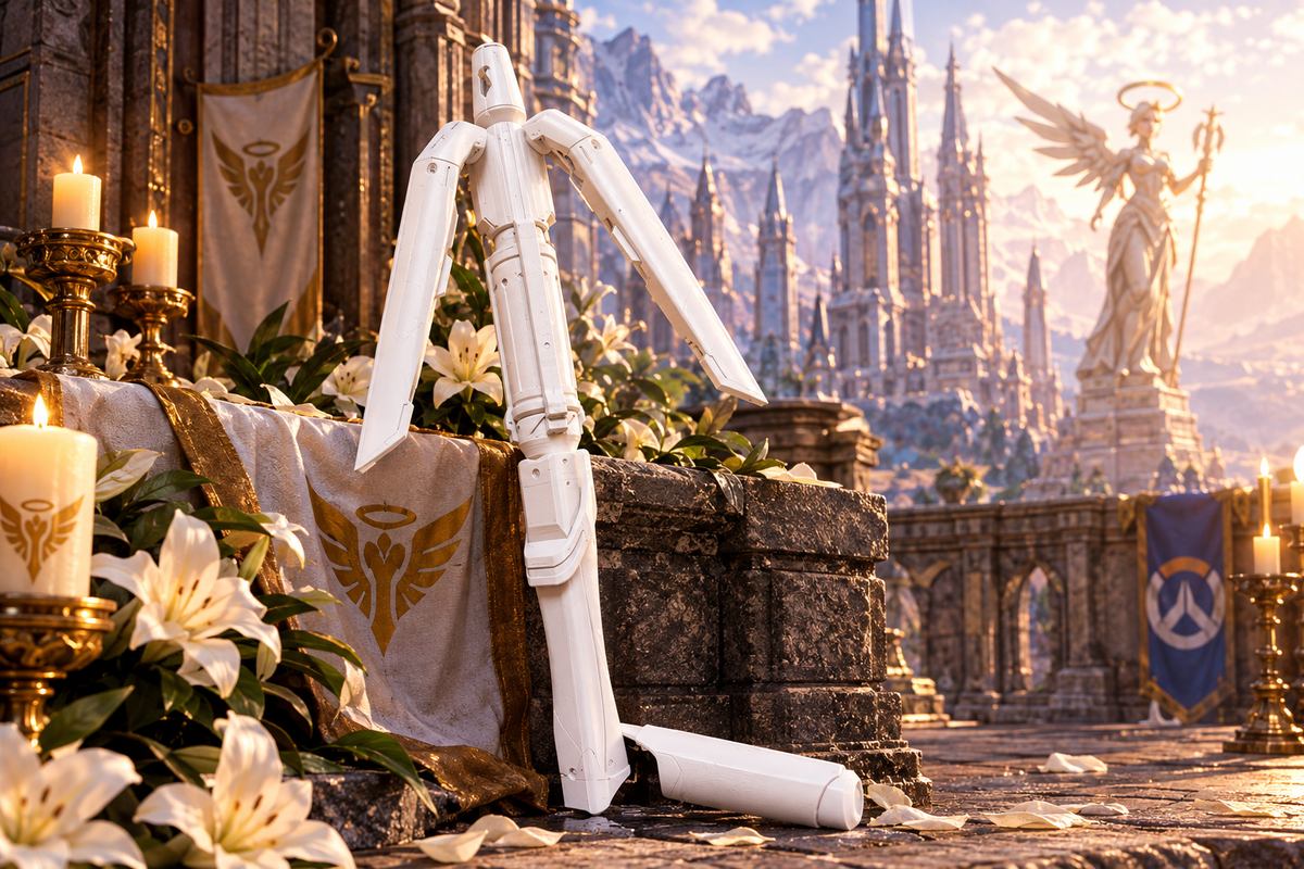 Mercy Stab Overwatch Cosplay-Replik aus weißem PLA vor heller futuristischer Kathedralenkulisse
