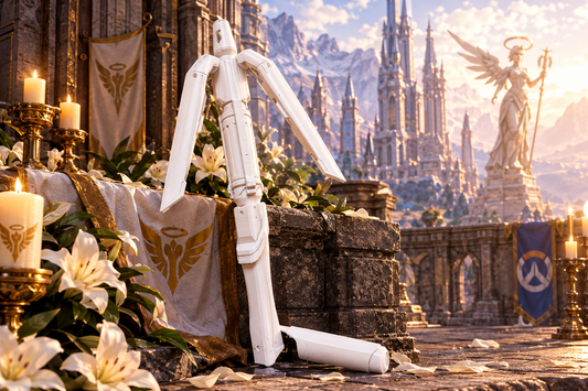 Mercy Stab Overwatch Cosplay-Replik aus weißem PLA vor heller futuristischer Kathedralenkulisse