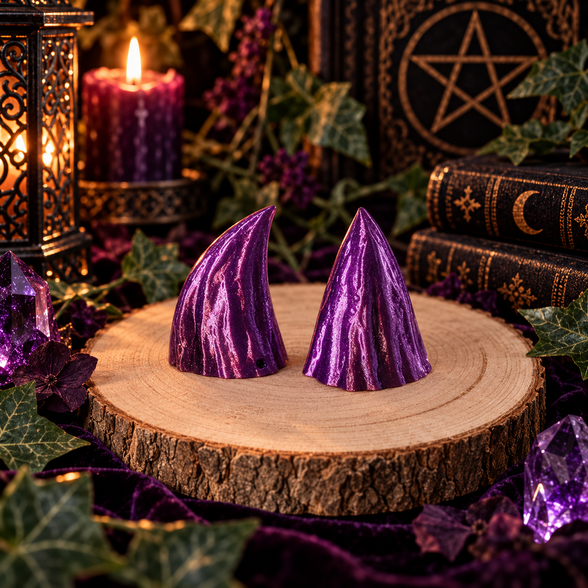 Minyra lila Mini Cosplay-Hörner vor dunkler mystischer Fantasy-Kulisse