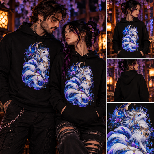 Mondfuchs Hoodie – Mann und Frau im schwarzen Kitsune Hoodie mit Vorder- und Rückansicht