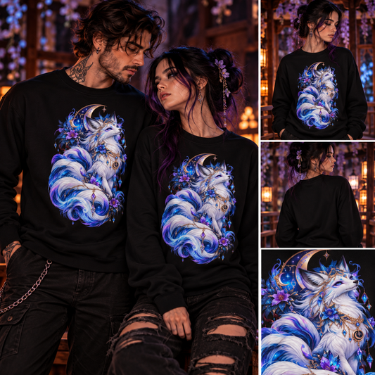 Mondfuchs Sweatshirt – Mann und Frau tragen das schwarze Sweatshirt mit blau-violettem Kitsune-Motiv