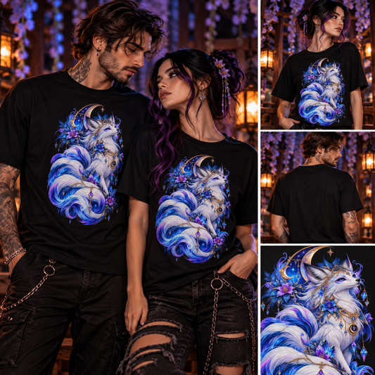 Mondfuchs Kitsune T-Shirt – Mann und Frau im Tragebild