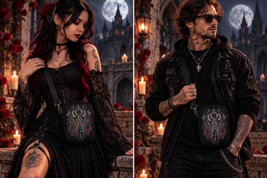 Mondraben – Schwarze Crossbody Bag: Gothic-Tragebild mit Frau und Mann