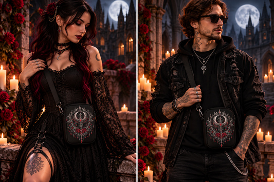 Mondrosen – Schwarze Crossbody Bag, Tragebild mit Frau und Mann
