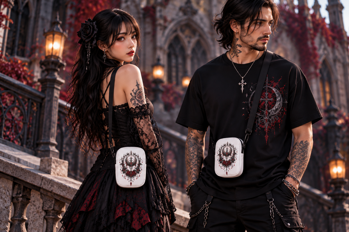 Mondrosen – weiße Crossbody Bag, Tragebild mit Mann und Frau