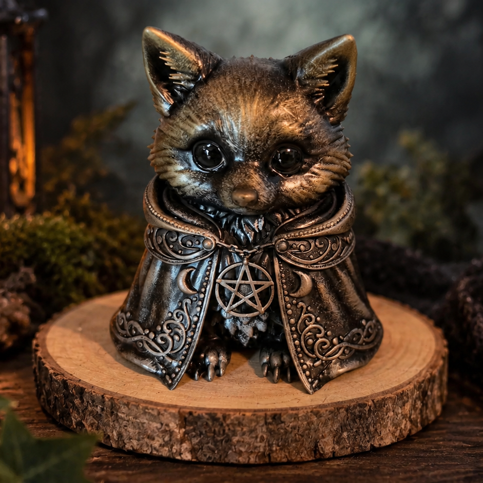 Mystische handbemalte Fuchsfigur auf Holzscheibe in dunkler Gothic-Fantasy-Szene