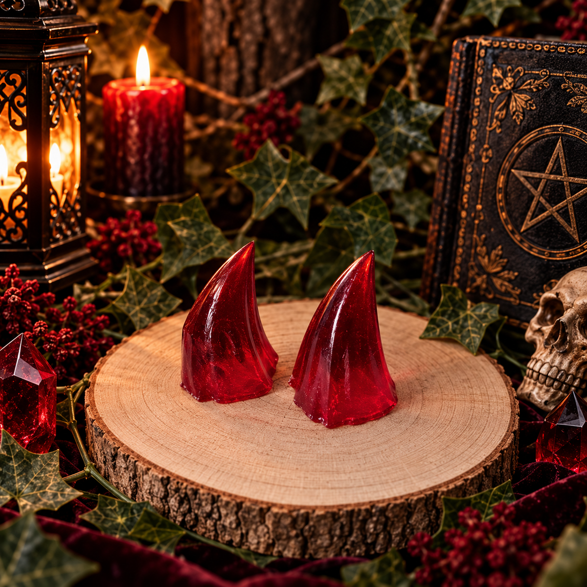 Nyrix rote Mini Resin-Hörner vor dunkler mystischer Fantasy-Kulisse