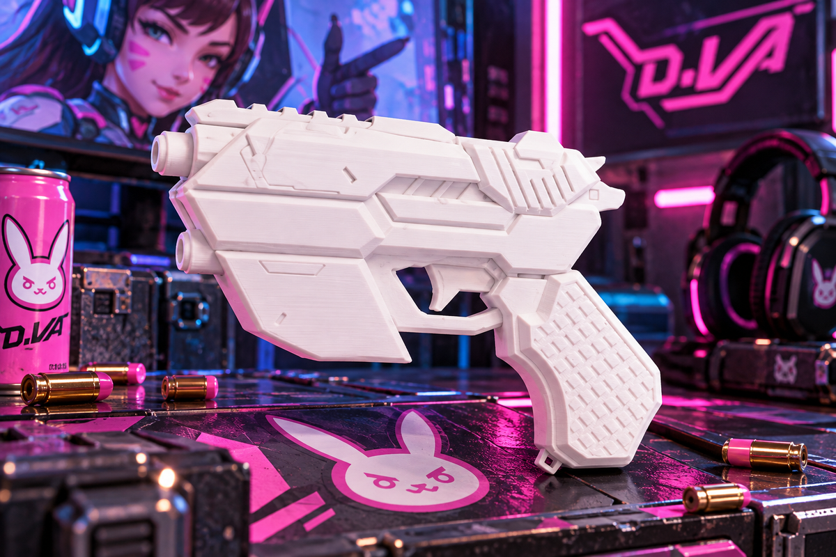 Officer D.Va Overwatch Cosplay-Waffe aus weißem PLA vor pink-blauer futuristischer Gaming-Kulisse