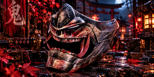 Handbemalte Oni-Maske aus PLA vor düsterer japanischer Schrein-Kulisse mit roten Ahornblättern