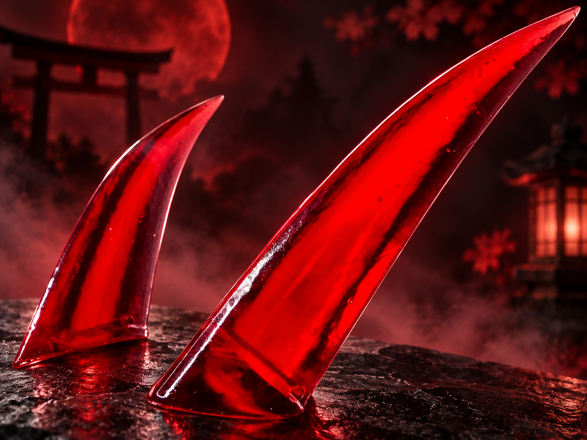 Onivar Oni-Hörner aus rotem Resin vor dunkler japanisch inspirierter Fantasy-Kulisse