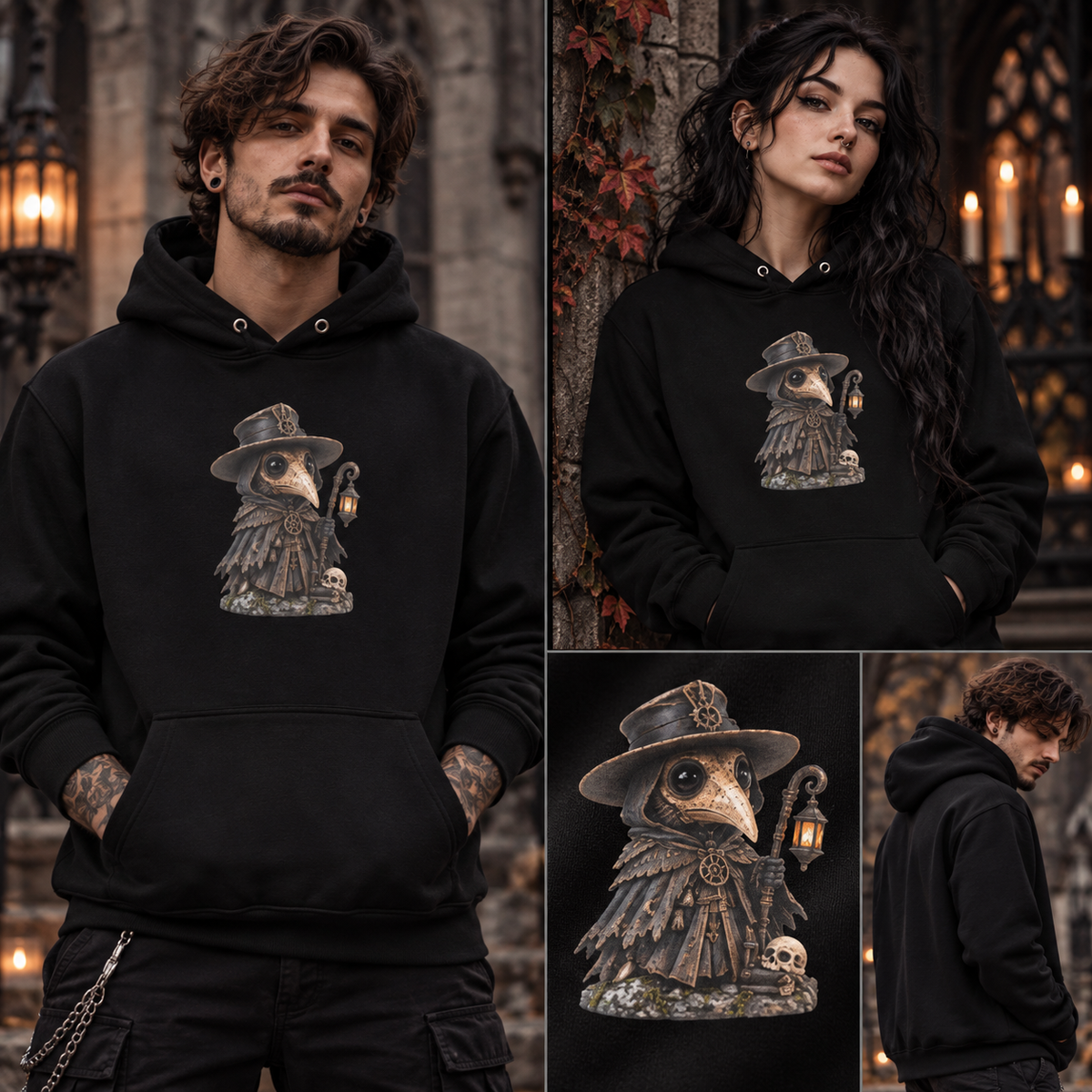 Pestdoktor Hoodie Schwarz – Tragebilder mit Mann und Frau