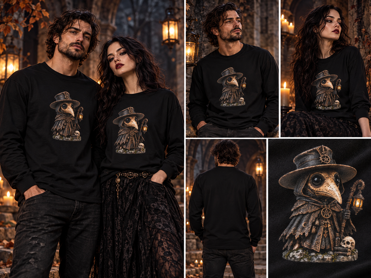 Pestdoktor Longsleeve Schwarz – Tragebild Mann und Frau