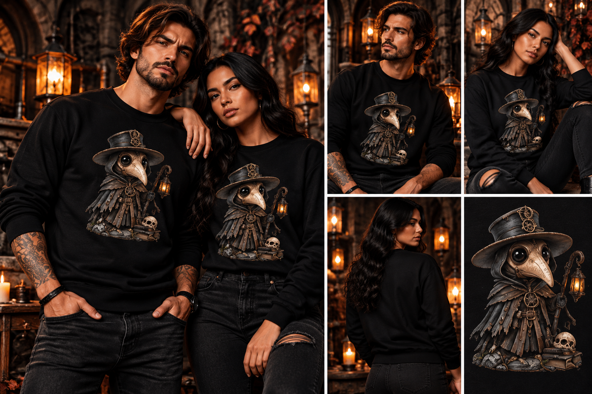 Pestdoktor Sweatshirt Schwarz – Tragebilder Mann und Frau