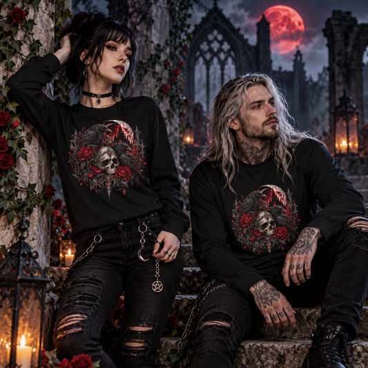 Frau und Mann tragen Rabenfluch Long Sleeves in einer gotischen Klosterruine