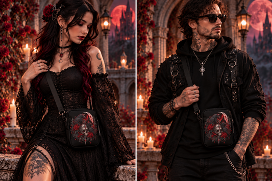 Rabenfluch schwarze Crossbody Bag – Gothic Tragebild mit Frau und Mann