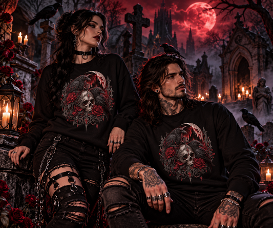 Rabenfluch Sweatshirt Tragebild auf gotischem Friedhof