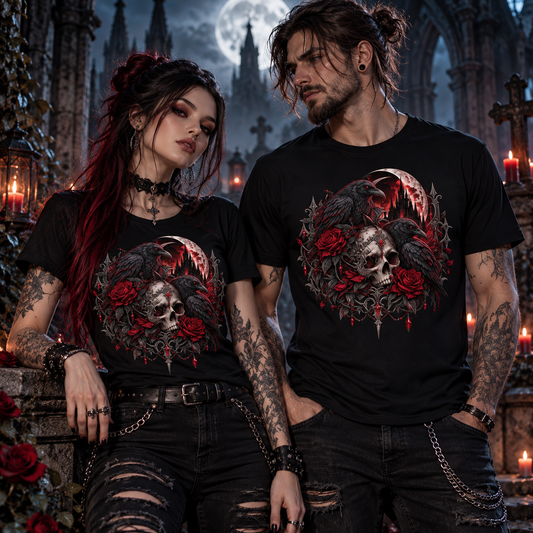 Rabenfluch T-Shirt mit Raben, Schädel und Rosen an Frau und Mann auf gotischem Friedhof
