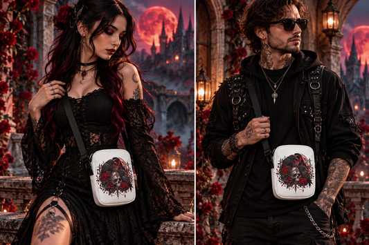 Rabenfluch weiße Crossbody Bag – Tragebild mit Frau und Mann