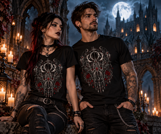 Mann und Frau tragen Rabenmond Gothic T-Shirts mit Mondornamenten und roten Rosen vor einem Schloss