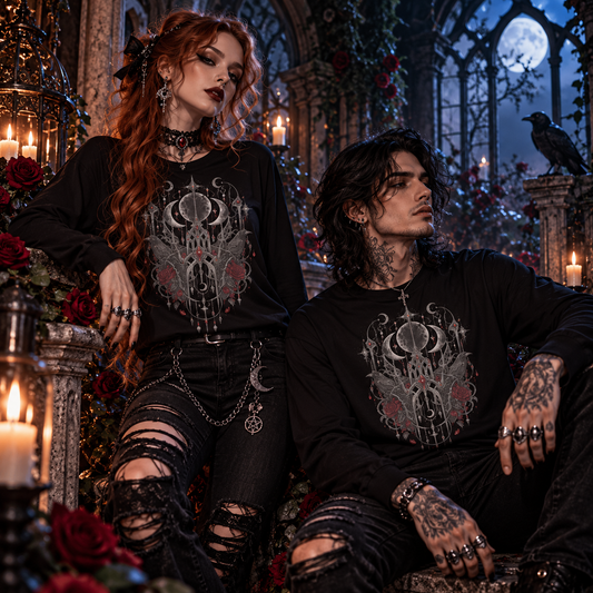 Frau und Mann tragen Rabenmond Long Sleeves in einer gotischen Orangerie