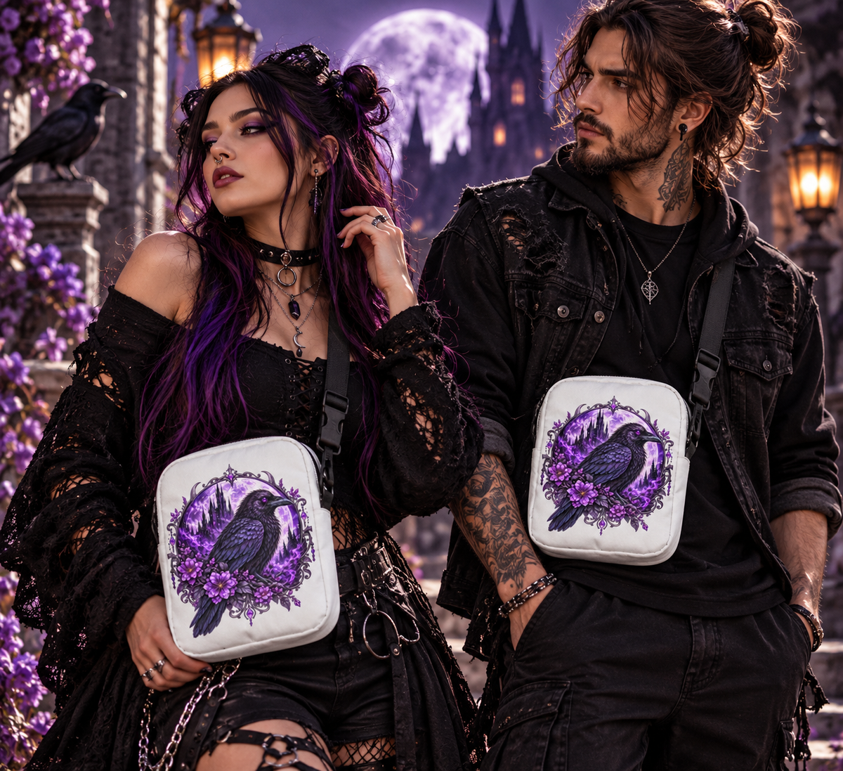Weiße Rabenwächter Crossbody Bag – Tragebild 2