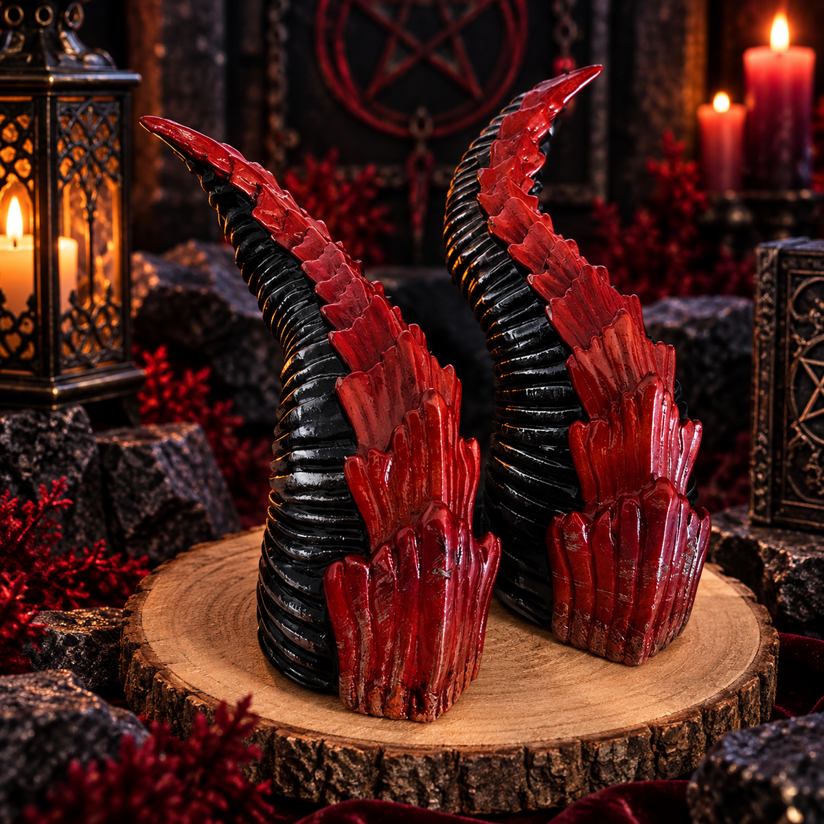 Ravex schwarz-rote handbemalte Schuppen-Hörner aus PLA vor dunkler gothic Fantasy-Kulisse