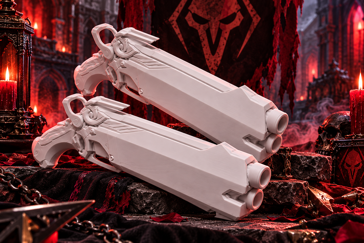 Reaper Guns Overwatch Cosplay-Repliken aus weißem PLA vor dunkler rot beleuchteter Gothic-Kulisse