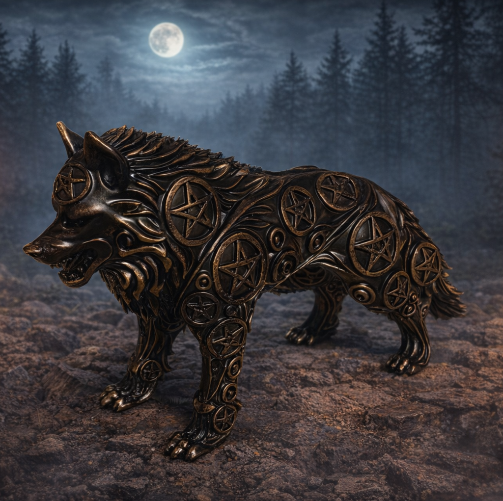 „Handbemalte 3D‑gedruckte Wolfsfigur aus Kunstharz in dunkler, mystischer Gothic‑Optik mit ornamentalen Gravuren, präsentiert in einer atmosphärischen Waldszene.“
