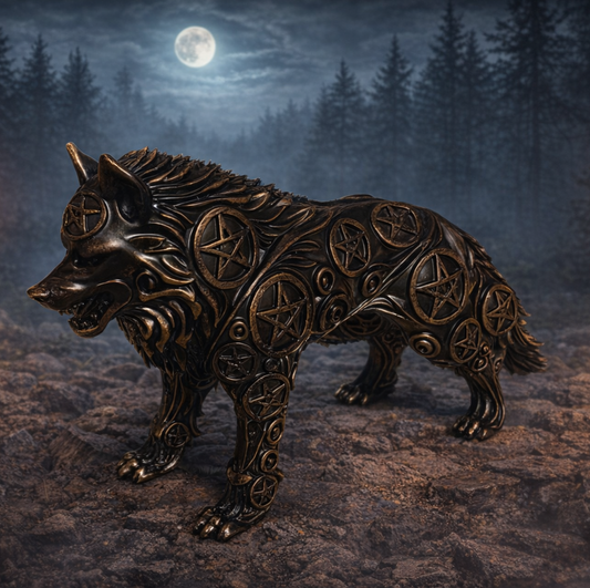 „Handbemalte 3D‑gedruckte Wolfsfigur aus Kunstharz in dunkler, mystischer Gothic‑Optik mit ornamentalen Gravuren, präsentiert in einer atmosphärischen Waldszene.“