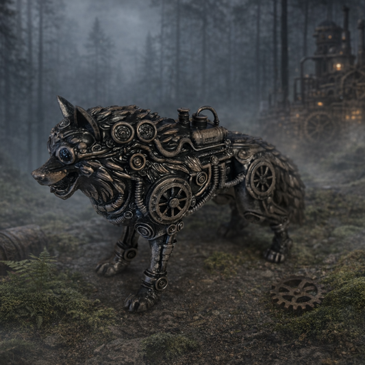 „Handbemalte Steampunk Wolf Figur aus Kunstharz, 3D‑gedruckt, mit metallischen Zahnrädern und mechanischen Details, stehend in mystischer Pose – dekorative Gothic‑Dekofigur.“