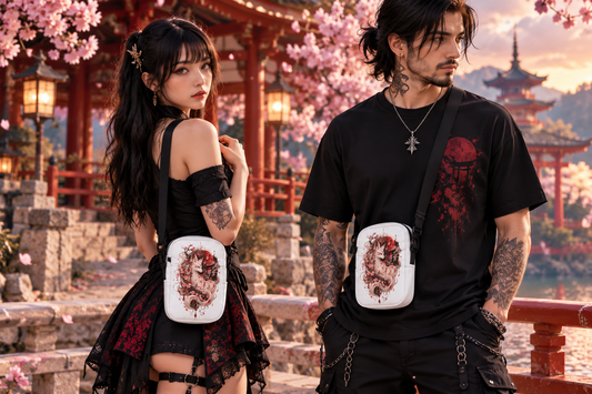 Sakura Kitsune – weiße Crossbody Bag, Tragebild mit Mann und Frau
