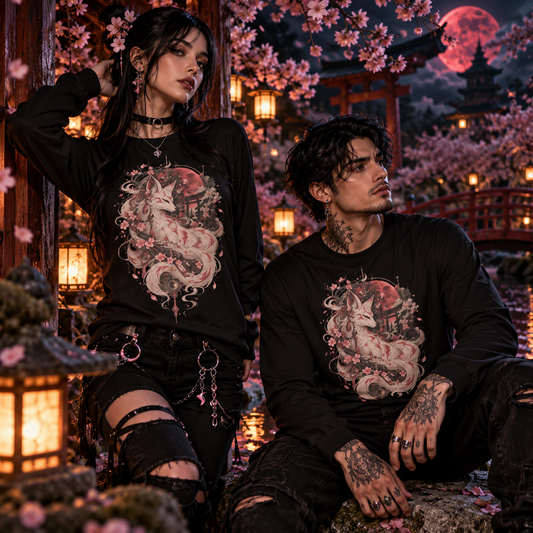 Mann und Frau tragen Sakura Moon Kitsune Long Sleeves im japanischen Kirschblütengarten