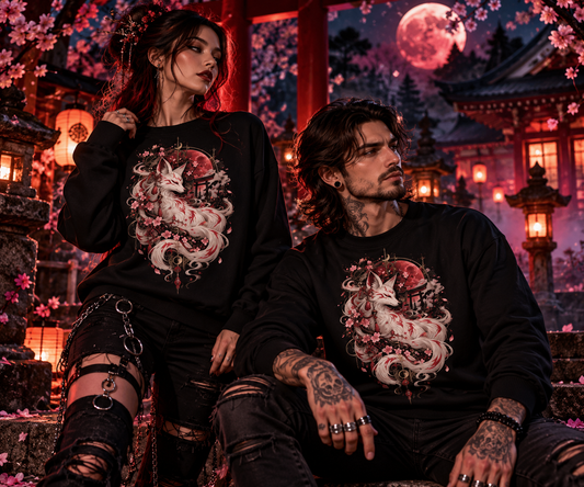 Mann und Frau in schwarzen Sakura Moon Kitsune Sweatshirts im japanischen Schrein mit Kirschblüten