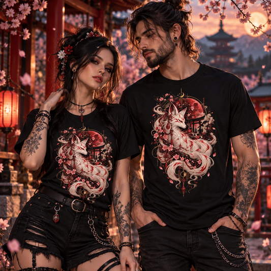 Sakura Moon Kitsune T-Shirt an Frau und Mann vor japanischem Tempel mit Kirschblüten
